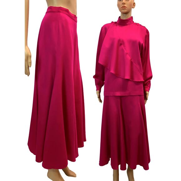 80s Hot Pink Midi Skirt & Asymmetrical Blouse Set | Auckie Sanft Italy | W 25' - Picture 5 of 13